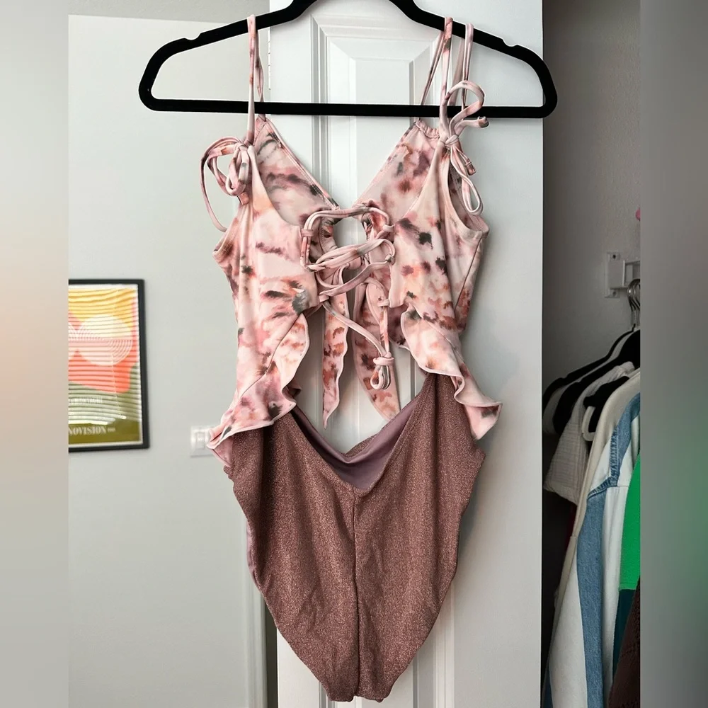 PDF Salvage Pink Tie-Dye One-Piece with Rose-Mauve Glitter Panel - Picture 2 of 5